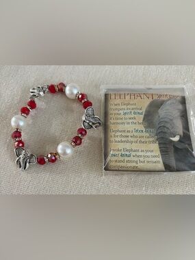 Silver Elephant Charm Bracelet with Red Beads and Pearls